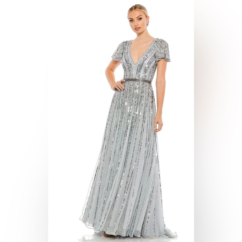 Mac Duggal STRIPE SEQUIN V-NECK GOWN Color Slate Blue Sz 14